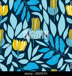 Yellow colored flowers with blue leaves seamless pattern. yellow colored flowers with blue colored leaves seamless pattern. Good for fabric, textile. Stock Vector