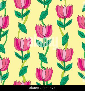 pink roses with leaves and branches on yellow background seamless pattern. pink roses with green leaves and herbs and shrubs seamless pattern. Stock Vector