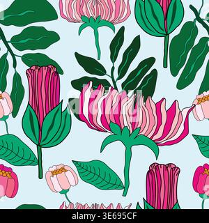 pink flowers, buds with green leaves and light pink flower buds hand drawn seamless pattern. pink tints and shades with green leaves seamless pattern. Stock Vector