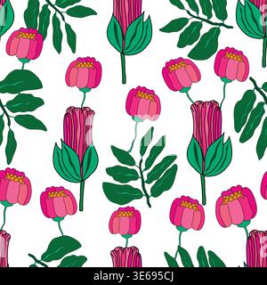 pink petals with rose buds seamless pattern. pink colored closed roses with buds and leaves seamless pattern. It is good for fabric, textiles. Stock Vector