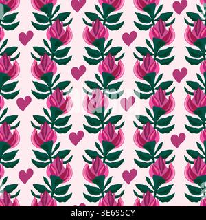 Pink roses with pink hearts on light pink background seamless pattern Stock Vector