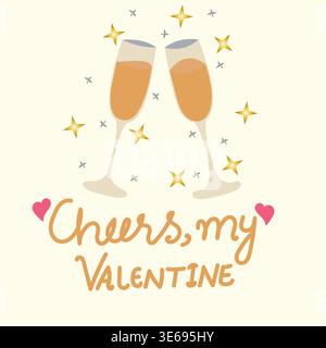 Hand-drawn Valentine’s placement print with two champagne glasses, stars, and “Cheers my Valentine” hand lettering on a yellow-orange background Stock Vector