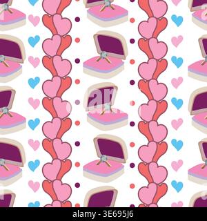 Valentine’s Day seamless pattern with vertical line-art hearts, simple hearts, polka dots, and a jewelry box with a wedding ring. Stock Vector