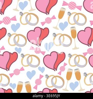 Seamless pattern with two wedding rings, red and blue hearts, candies, and champagne glasses. Romantic and festive design perfect for weddings, propos Stock Vector