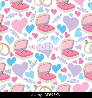 Seamless pastel Valentine’s Day pattern with a jewelry box containing a ring, love hearts, and purple candies. Stock Vector