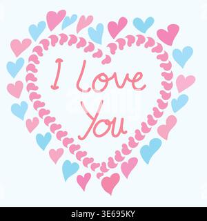 Hand-drawn Valentine’s placement print with “I Love You” text, a heart-shaped wreath made of small hearts, and scattered hearts around. Stock Vector