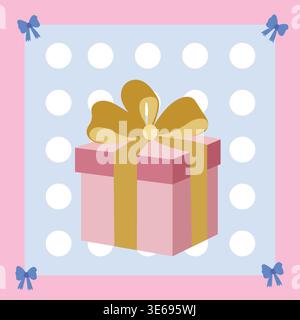Valentine’s Day placement print with pink gift box featuring golden ribbon on a blue background with white circles and pink rectangle Stock Vector