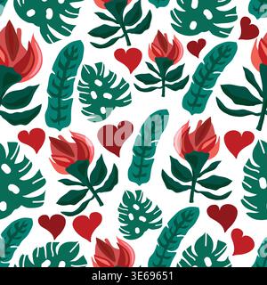 Seamless Valentine’s Day floral pattern with red roses, hearts, banana and Monstera leaves Stock Vector