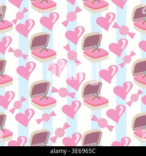Valentine’s Day seamless pattern with vertical blue stripes, candies, hearts, and a jewelry box with a wedding ring. Stock Vector