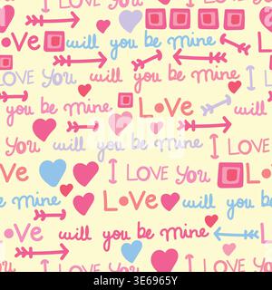 Seamless Valentine’s Day lettering pattern with hand-written love phrases in purple on a yellow background. Stock Vector