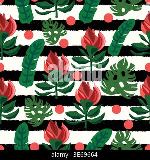 Horizontal seamless pattern with red roses, red polka dots, and rough black stripes. Stock Vector
