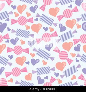 Seamless pattern with pastel candies in blue, purple, and pink, paired with colorful love hearts in soft pink, orange, and blue tones. Stock Vector