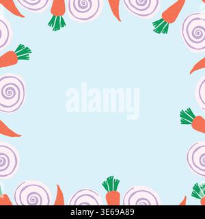 carrots and onion placed on blue background card template illustration. onion and carrots placed on sides paper, card, poster, template. Stock Vector