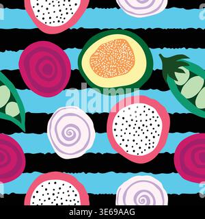 vegetables and fruits with abstract black stripes seamless pattern. pitaya, onion rings, pink beetroots, papaya, peas on black stripes Stock Vector