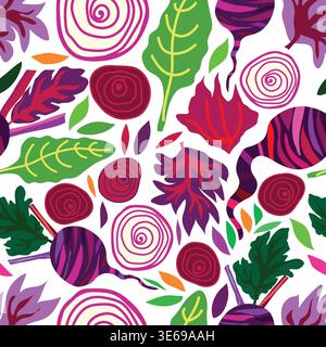 beetroot, green leaves, purple leaves and slices pink and purple vegetable seamless pattern. Stock Vector