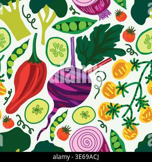 colorful vegetables including pear cherry tomatoes, pears, red tomatoes, onion, beetroot, cucumber, red chilli and broccoli seamless pattern Stock Vector