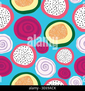 vegetables and fruit slices hand drawn seamless pattern. pitaya, papaya, onion rings, beetroot slices seamless pattern. Stock Vector