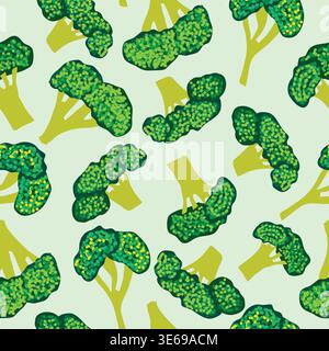 broccoli pieces with textured surface seamless pattern. Broccoli from brassica family spread on light green surface seamless pattern. Stock Vector