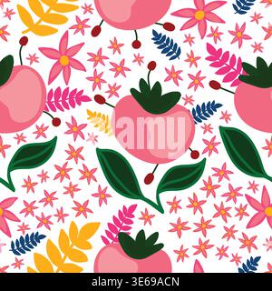 pink tomatoes and flowers with branches and leaves seamless pattern Stock Vector