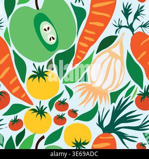 apples, tomatoes, carrots, garlic hand drawn leafy seamless pattern. Good for textile, fabric, wrapping, decorations, banners, card, fashion. Stock Vector