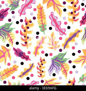 abstract colorful floral, tropical, summer, autumn leaves with polka dots seamless pattern. Stock Vector
