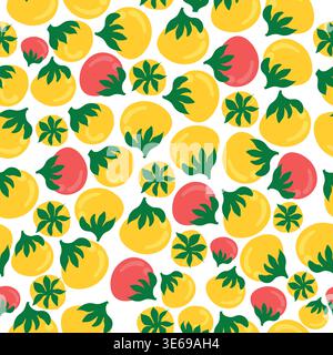 yellow and red cherry tomatoes seamless pattern. Red and yellow tomatoes hand drawn simple vector seamless pattern. Stock Vector