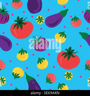 eggplant, tomatoes, cherry tomatoes with pink polka dots seamless pattern Stock Vector