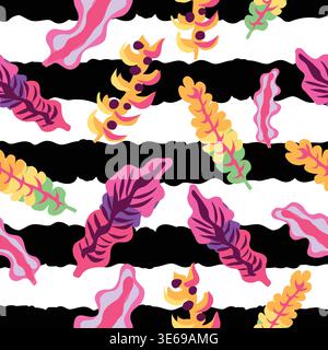 abstract summer autumnal leaves on black stripes seamless pattern. abstract autumn summer leaves seamless pattern. Stock Vector