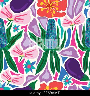 Aztec corn, eggplants, floral abstract art and hibiscus flower presenting summer autumn mixed tropical theme seamless pattern. Stock Vector