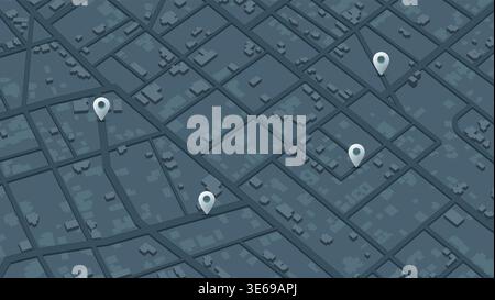 Isometric map with pins location on streets. Online navigation map pointer, place mark with map navigation. Pins with 3d buildings. Vector Stock Vector