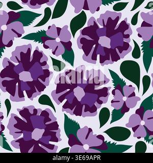 Purple colored hand drawn morning glory flowers with green leaves on light pastel purple background seamless pattern. Good for fabric, tiles and more. Stock Vector