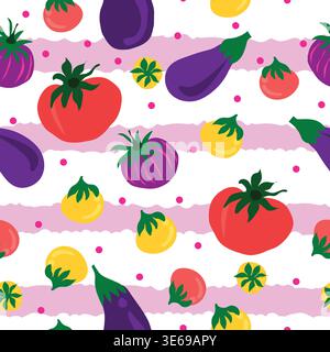 vegetables scattered on white stripes and pink polka dots seamless pattern. Varieties of tomatoes with pink polka dots on white abstract stripes. Stock Vector