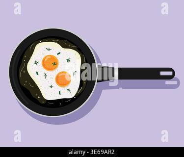 Vector illustration of a non-stick frying pan with two sunny-side-up eggs, garnished with herbs, salt, and pepper. Stock Vector