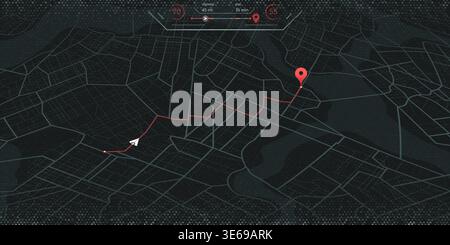 Online location tracking with data of arrive time on city map. Huge isometric city map with roads streets as background. Vector illustration Stock Vector