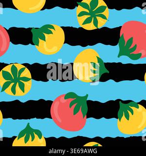 red and yellow tomatoes on black deformed abstract stripes seamless pattern .Red and yellow cherry tomatoes with stripes on blue surface repeat patten Stock Vector