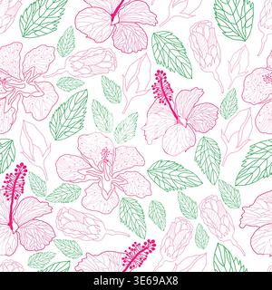 line art hibiscus flowers and buds and leaves seamless pattern. Line art pink flowers and green leaves on white background seamless pattern. Stock Vector