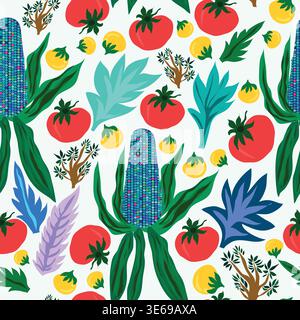 red and yellow cherry tomatoes with blue, green hand drawn leaves and trees, corn seamless pattern. Good for textile, fabric, decorations, wrapping. Stock Vector