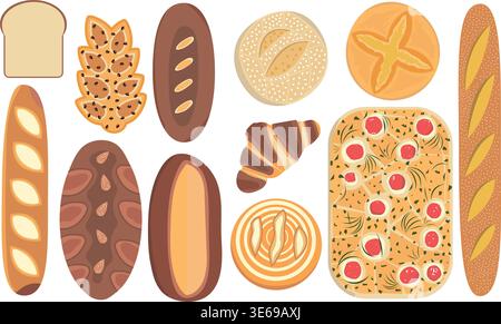 Minimal vector illustration of assorted bread and bakery items in a clean, modern style. Perfect for food design, packaging, restaurant menus Stock Vector