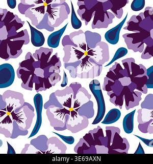 purple tints and shades morning glory flowers with blue textured leaves seamless pattern. Morning glory flowers purple with leaves repeat pattern Stock Vector