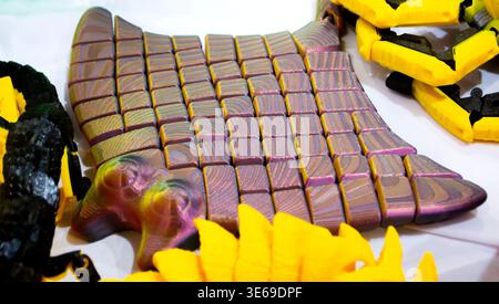 3D printed many different art objects. Objects printed on 3D printer from melted colored plastic. Models created on 3D printer from threads of molten plastic. Modern additive progressive technologies Stock Photo