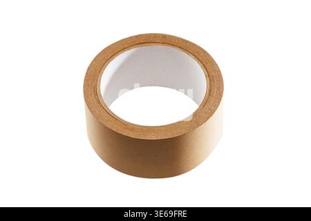 Kraft masking tape roll isolated on white background angled top view Stock Photo