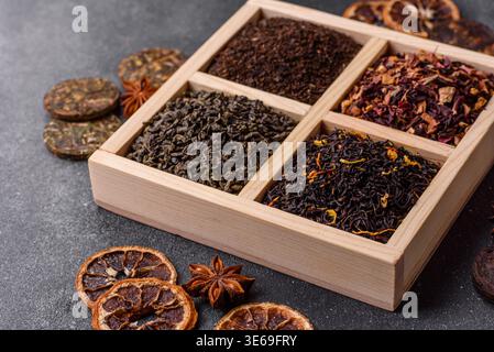 A box of various dry teas, black, green, herbal, and fruit, with flavored additives. A set of different tea varieties as a backdrop for your design Stock Photo
