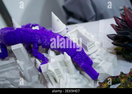 3D printed many different art objects. Objects printed on 3D printer from melted colored plastic. Models created on 3D printer from threads of molten plastic. Modern additive progressive technologies Stock Photo
