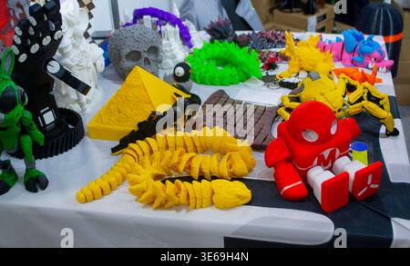 3D printed many different art objects. Objects printed on 3D printer from melted colored plastic. Models created on 3D printer from threads of molten plastic. Modern additive progressive technologies Stock Photo