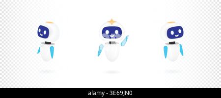 Cute 3D robot character set waving hand vector illustration. Friendly white AI chatbot mascot for technology, customer support, and artificial intelli Stock Vector