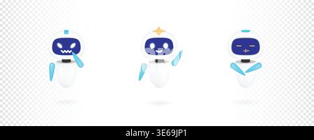 Cute futuristic robot mascot set vector with angry, happy waving and sleeping poses. Glossy white and blue 3d style bot for ai technology, chatbot sup Stock Vector