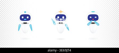 Cute 3d robot mascot vector set for chatbot and artificial intelligence support. Friendly generic brand character waving and smiling isolated. Future Stock Vector