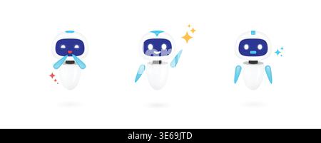 Cute robot mascot vector character set in different poses. Glossy white and blue generic brand chatbot icon for customer support service, virtual assi Stock Vector