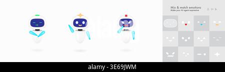 Cute artificial intelligence robot vector character set with different emotions. Friendly virtual assistant chatbot mascot for customer support techno Stock Vector