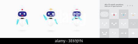 Cute 3d robot mascot vector set for chatbot and artificial intelligence support. Friendly generic brand character waving and smiling isolated. Future Stock Vector